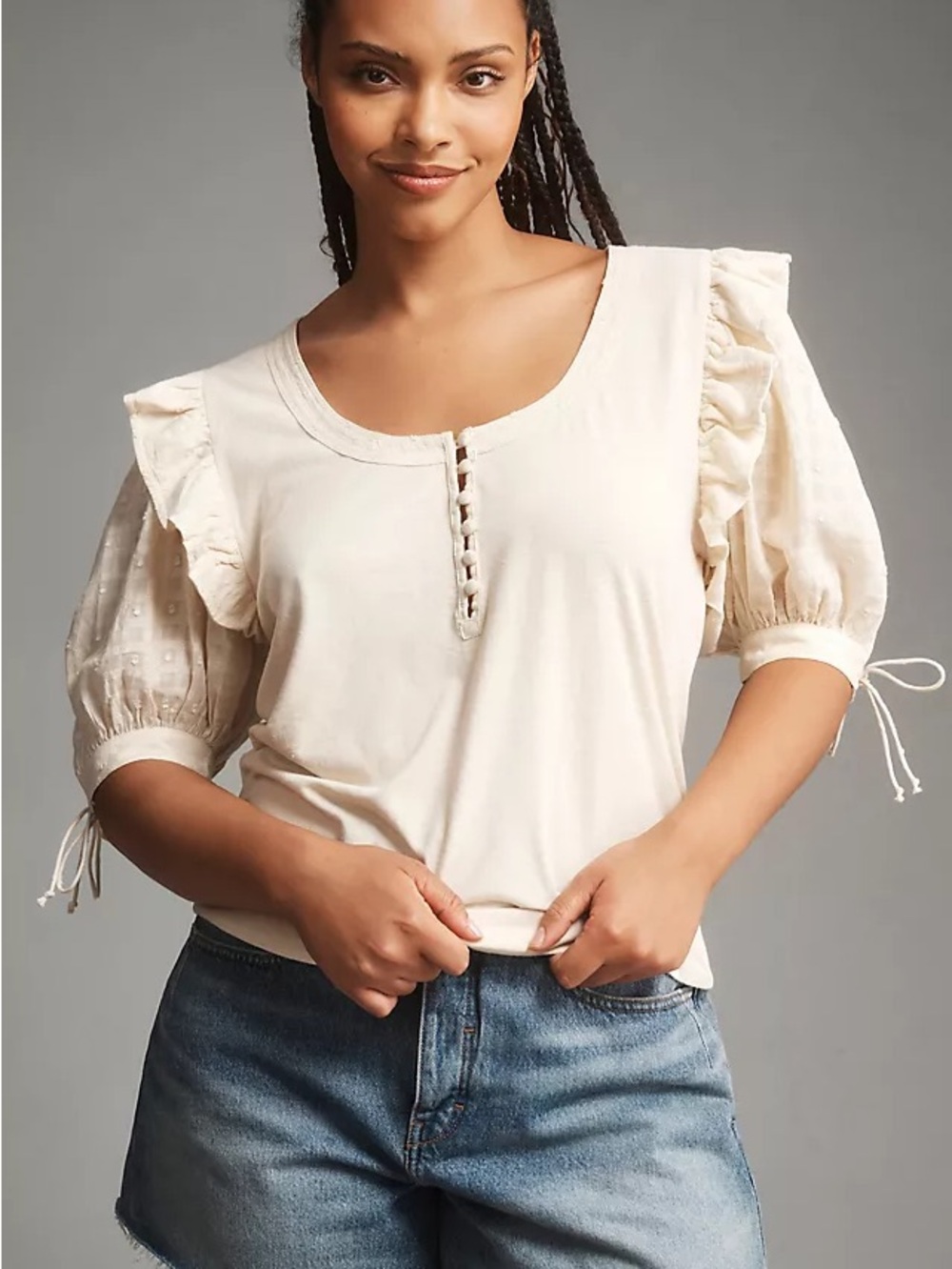Anthropologie Cream Ruffle-Sleeve Scoop Neck Blouse